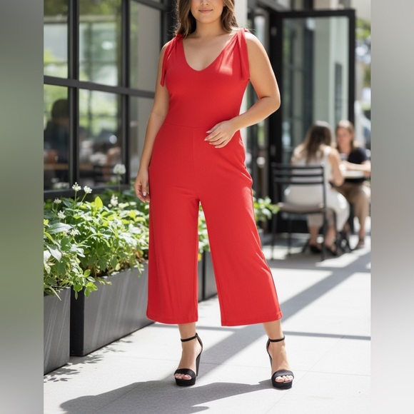 NEW•L-1X•Sugared + Bronzed Renee Red Soft & Comfy Wide Legged Jumpsuit - Picture 4 of 12